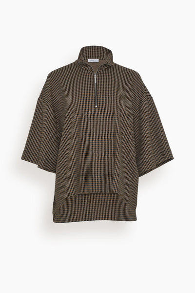 Zip Up Oversized Houndstooth Polo Top in Multi