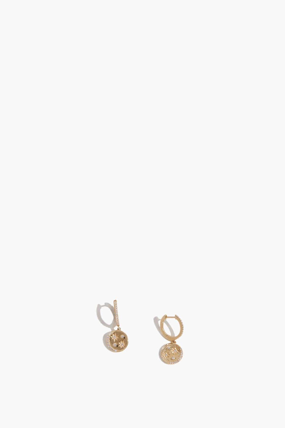 Theodosia Earrings Huggies with Constellation Disk Drops in 14K Yellow Gold