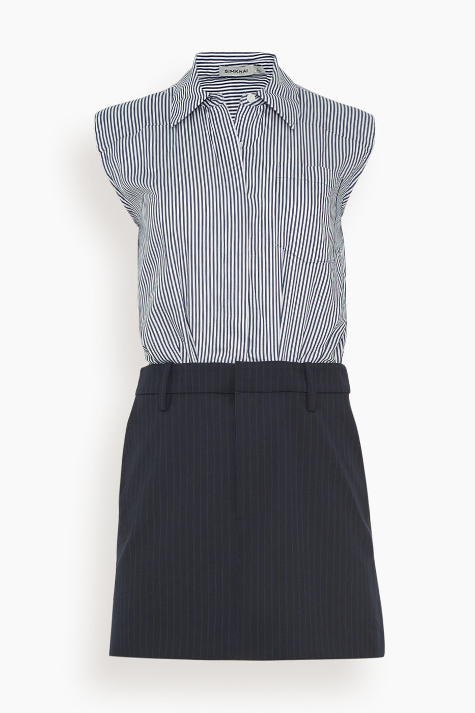 Graham Sleeveless Shirting Combo Mini Dress in Midnight Pinstripe Multi