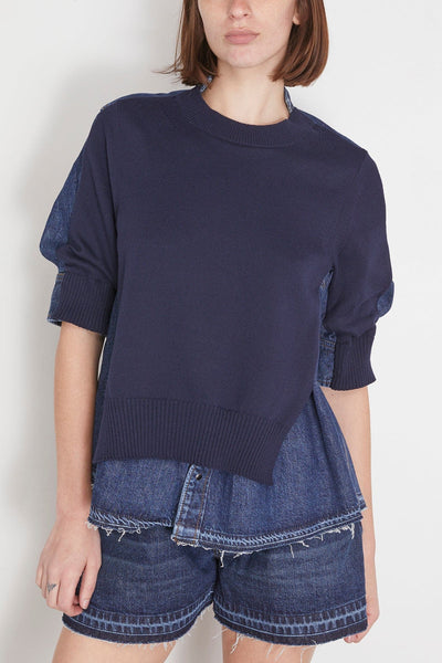 Sacai Tops Denim x Knit Pullover in Navy x Blue Sacai Denim x Knit Pullover in Navy x Blue