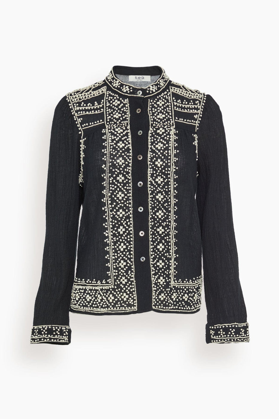 Sea Tops Mille Embroidery Long Sleeve Button Down Top in Black