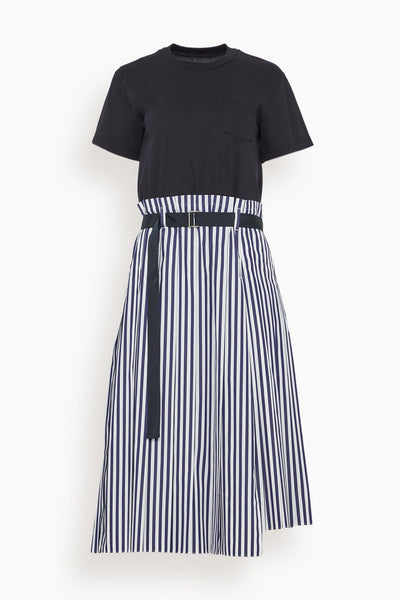 Cotton Poplin x Cotton Jersey Dress in Navy Stripe