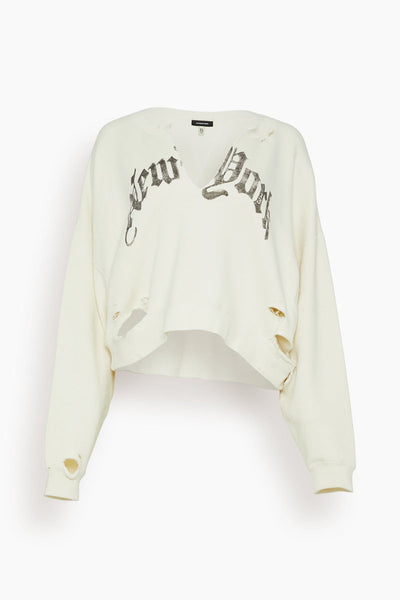 New York Cropped Crewneck with Front Slit in Ecru