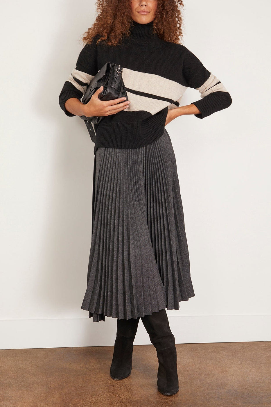 Plan C Skirts Pleated Tweed Skirt in Melange Black/White