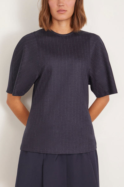 Tibi Tops Newton Stripe Sculpted Shrunken T-Shirt in Navy Melange Tibi Newton Stripe Sculpted Shrunken T-Shirt in Navy Melange