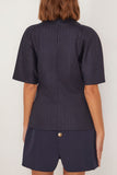 Tibi Tops Newton Stripe Sculpted Shrunken T-Shirt in Navy Melange Tibi Newton Stripe Sculpted Shrunken T-Shirt in Navy Melange