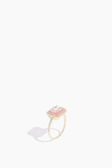 Samira 13 Rings White Topaz East West Pink Enamel Pave Diamond Halo Ring in 14k Yellow Gold Samira 13 White Topaz East West Pink Enamel Pave Diamond Halo Ring in 14k Yellow Gold